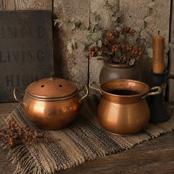 Other - VTG Copper Potpourri Pot Primitive Copper Cachepot Cauldron x2‎ Taiwan Decor Set